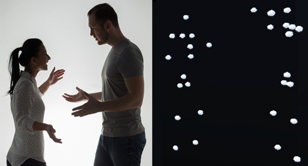Darstellung emotionaler Interaktionen als Pointlight. Die linke Abbildung zeigt die Interaktion zweier Personen in Form von Foto- bzw. Videomaterial (https://www.shutterstock.com/de/image-photo/people-relationship-difficulties-conflict-family-concept-676224874, Lizenz vorhanden). Die rechte Abbildung zeigt die Interaktion in Form von Pointlight-Darstellungen.(Darstellung der Autor:innen)