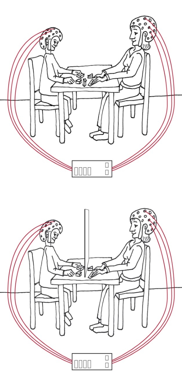 Bild 3: Schematische Darstellung eines typischen fNIRS Experiments zur Erfassung der wechselseitigen Anpassung der Gehirnaktivität in Eltern-Kind Paaren. Oben: Gemeinsames lösen von Puzzeln. Unten: Voneinander unabhängiges lösen von Puzzeln. 